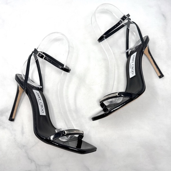 NEW Jimmy Choo Jaxon 95 Patent Leather Metal Logo Bar Square Toe Sandal Heels